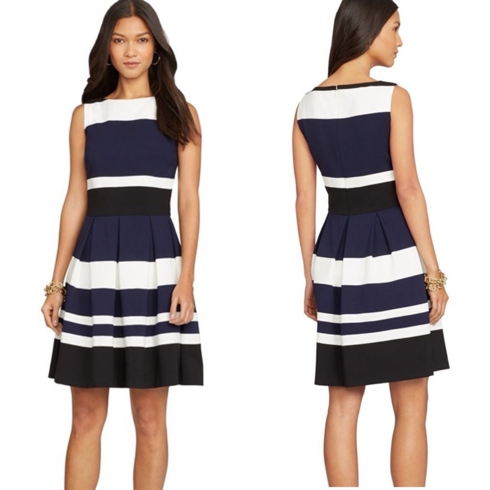 Lauren Ralph Lauren Navy & White striped color block a-line pleated Dress
